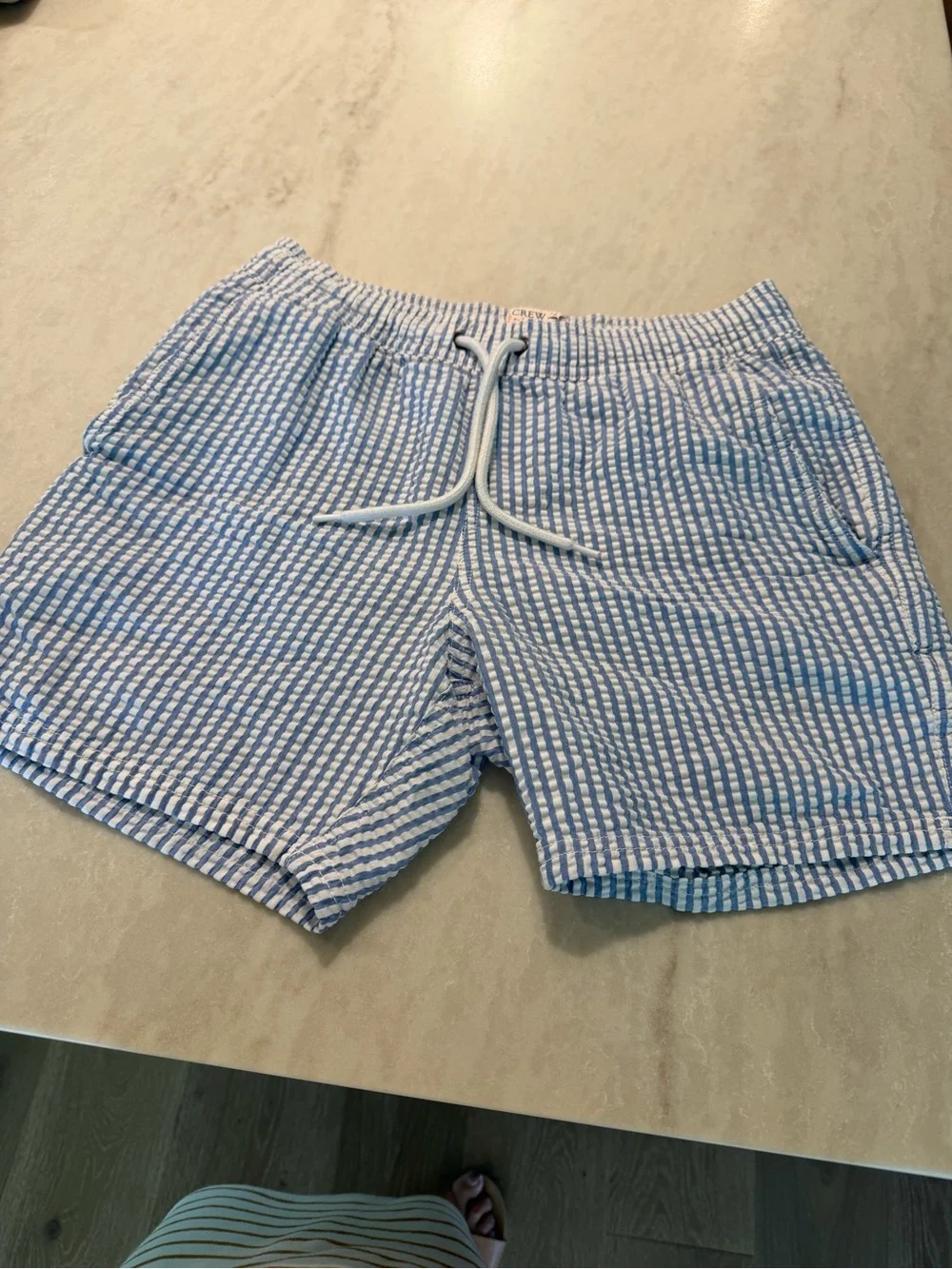 Men's Blue Seersucker Swim Shorts with Drawstring